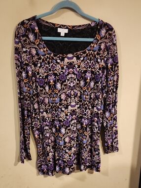 J. Jill Purple Floral Long Sleeve Scoop Neck Dress